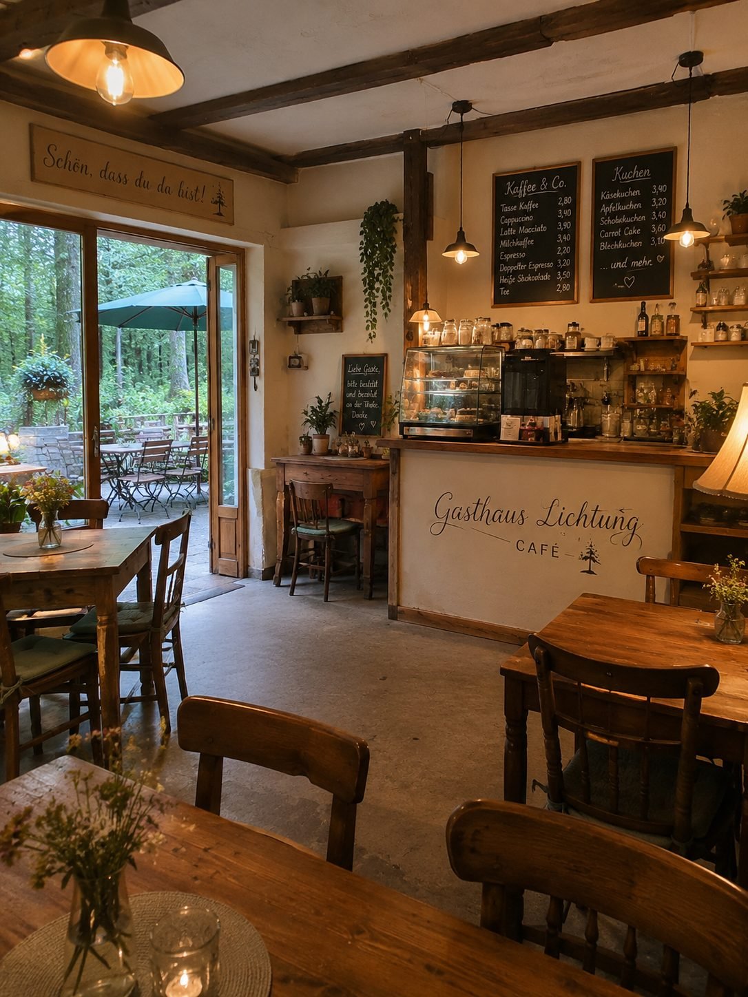 Gemütlicher Innenraum von Gasthaus Lichtung mit Holztischen, Theke und warmer Beleuchtung