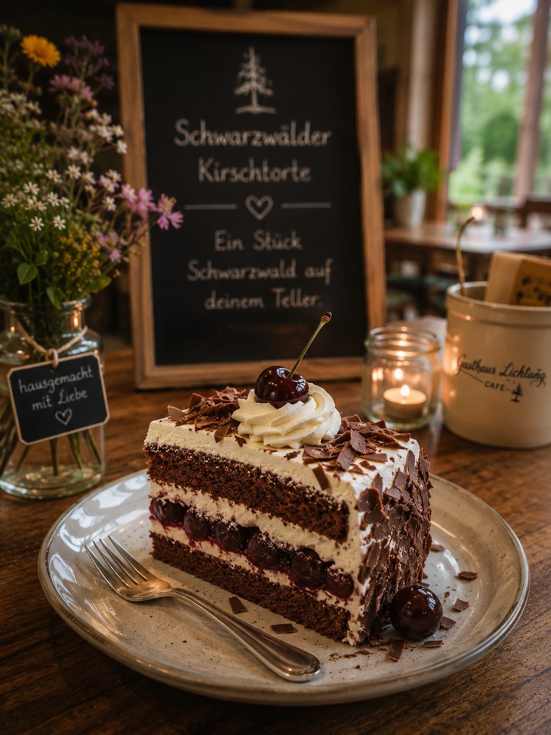 Ein Stück Schwarzwälder Kirschtorte mit Kirsche, Sahne und Schokoladenraspeln