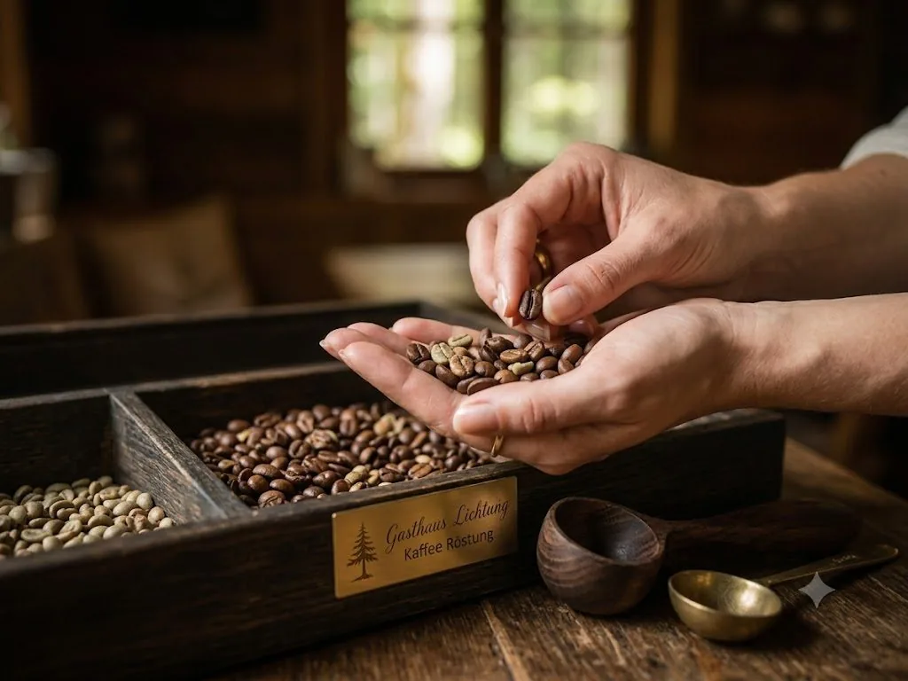 Hände sortieren von Hand Kaffeebohnen über einer Holzkiste mit der Aufschrift 'Gasthaus Lichtung Kaffee Röstung'